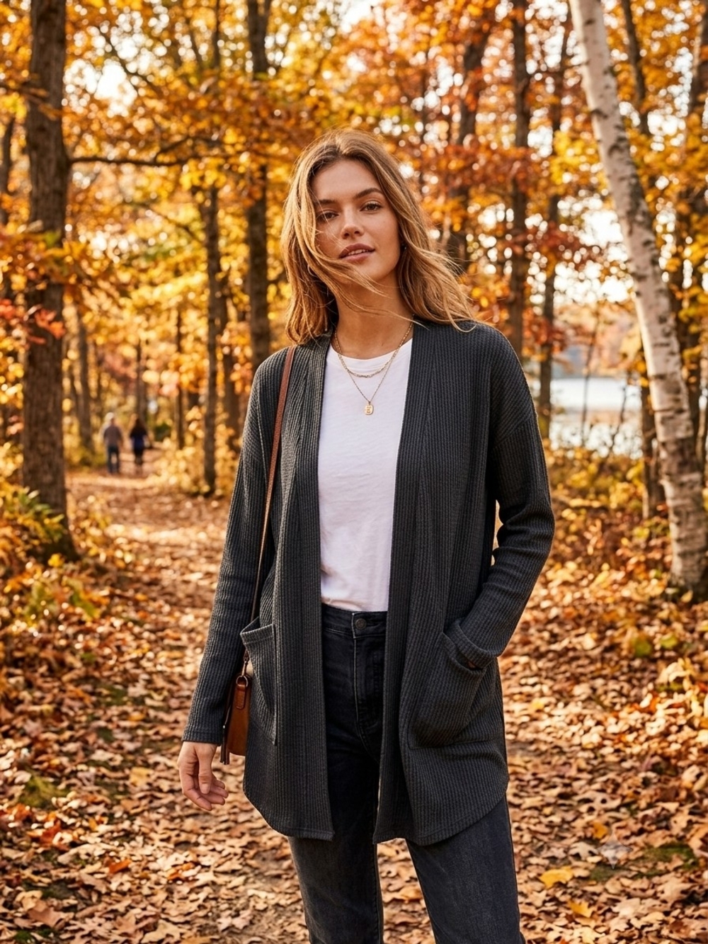 Heimish USA Women’s Black Open Front Rib-Knit Stretch Pocket Cardigan Sweater L